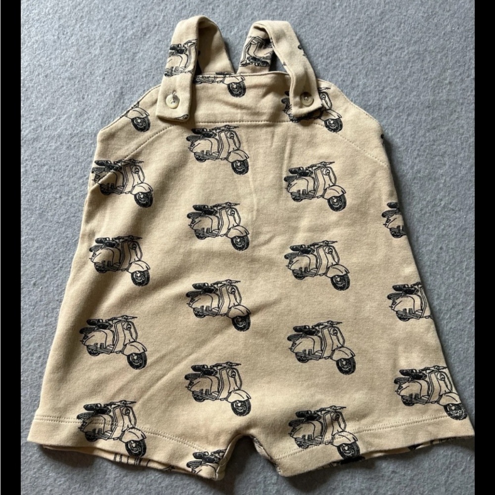 Kate Quinn Fabric Shortalls Boys 6-12 Months Mopeds Khaki Blue Neutral Org. 2022
